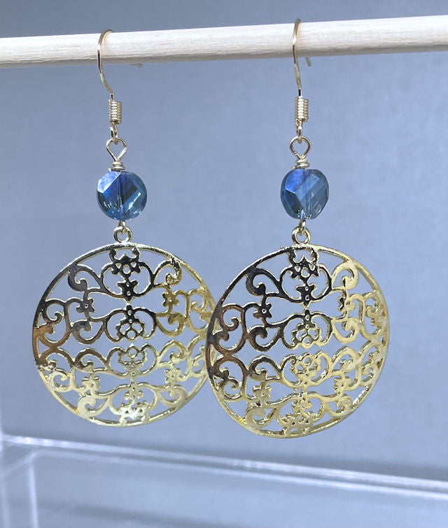 Gold Plated Filigree Earrings with Blue Crystal Bead Accent