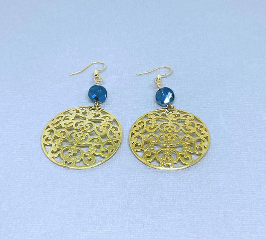 Gold Plated Filigree Earrings with Blue Crystal Bead Accent