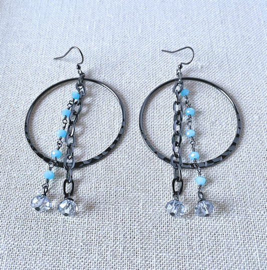 Gunmetal Textured Hoop Earrings with Dangling Beads