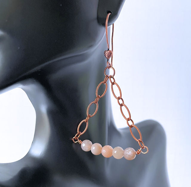 Natural Peach Moonstone Bead Dangle Earrings with Copper Chain
