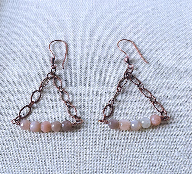 Natural Peach Moonstone Bead Dangle Earrings with Copper Chain