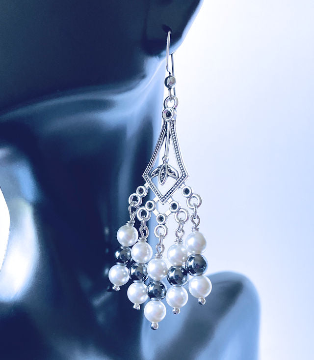 Pearl and Hematite Chandelier Earrings with Stainless Steel Ear Wire