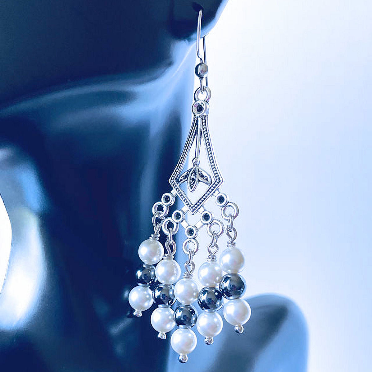 Pearl and Hematite Chandelier Earrings with Stainless Steel Ear Wire