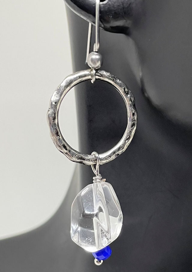 Textured Silver Hoop Earrings Featuring Clear Quartz Crystal Nugget Stones