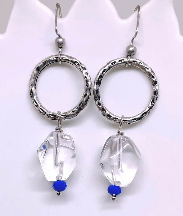 Textured Silver Hoop Earrings Featuring Clear Quartz Crystal Nugget Stones