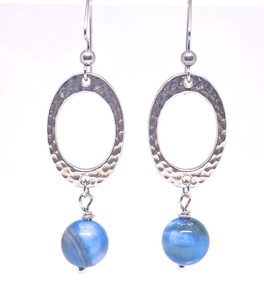Elegant Handcrafted Dangling Earrings with Blue Banded Agate and Textured Oval Connector