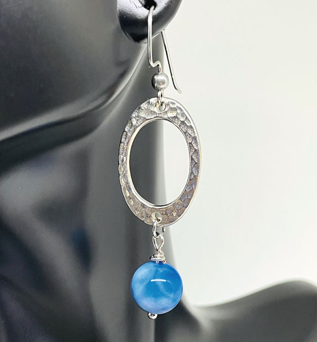 Elegant Handcrafted Dangling Earrings with Blue Banded Agate and Textured Oval Connector