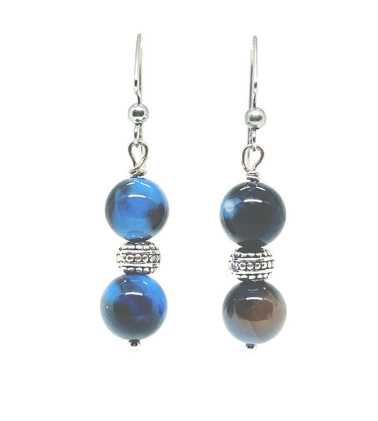 Elegant Blue Agate Drop Earrings with Silver Textured Accents