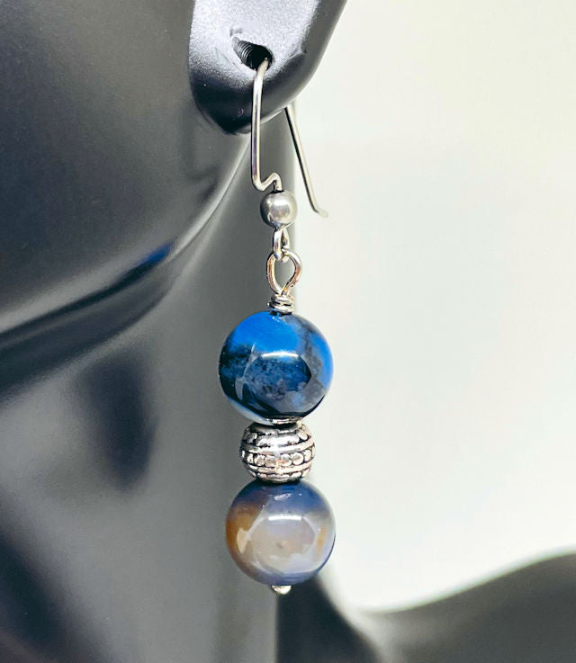 Elegant Blue Agate Drop Earrings with Silver Textured Accents