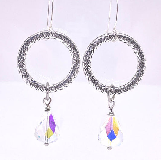 Round Silver Textured Hoop Earrings with Teardrop Crystal Bead