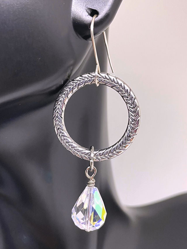 Round Silver Textured Hoop Earrings with Teardrop Crystal Bead