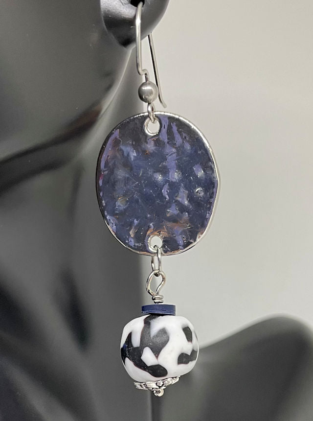 Silver Hammered Texture Earrings with Black and White African Glass Bead - 2 1/4" Length