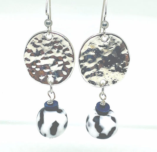 Silver Hammered Texture Earrings with Black and White African Glass Bead - 2 1/4" Length