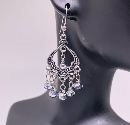 Filigree Dangling Earrings with Faceted Hematite Beads