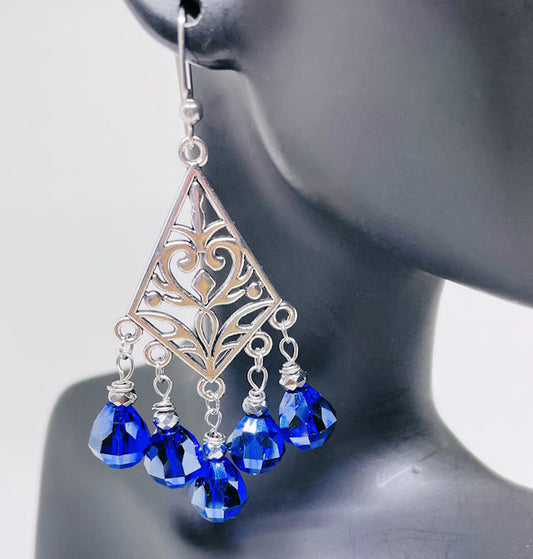 Filigree dangling earrings with Faceted Royal Blue Teardrop crystals