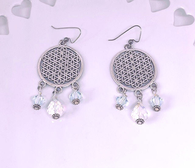 Round Silver Plated Filigree Earrings accented with Electroplated Clear Crystal Beads