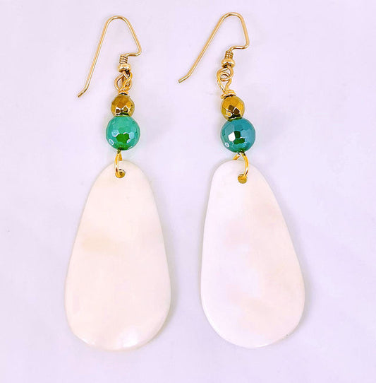 Mother of Pearl White Shell Earrings with Gold Hematite and Faceted Green Agate Beads