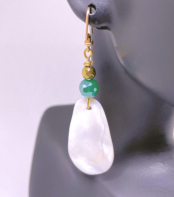 Mother of Pearl White Shell Earrings with Gold Hematite and Faceted Green Agate Beads