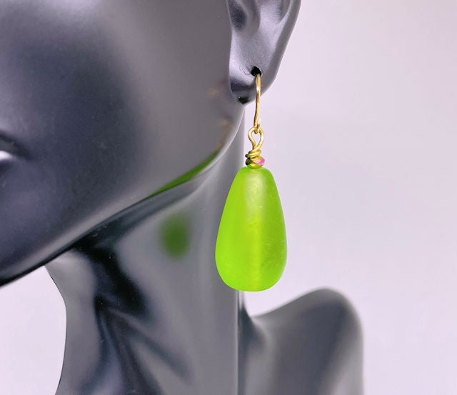 Teardrop Green Frosted Glass Earrings