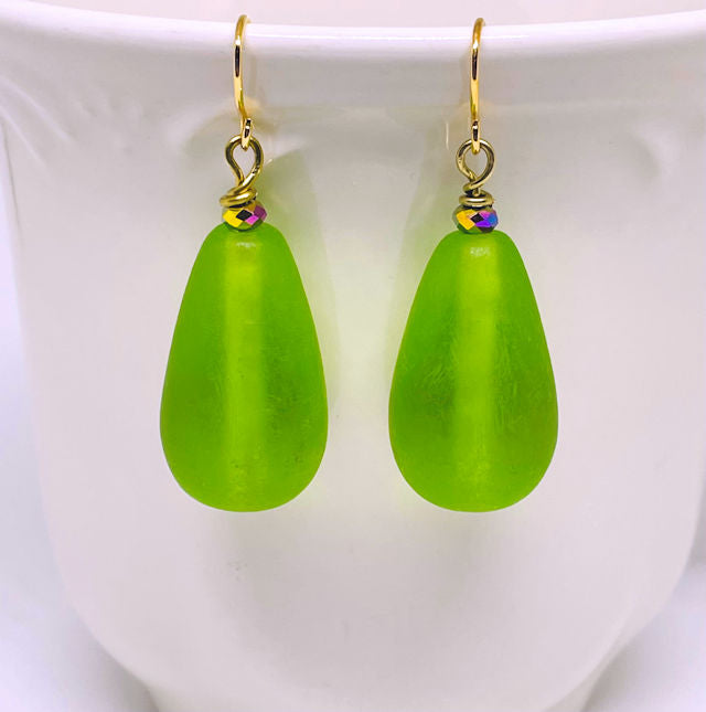 Teardrop Green Frosted Glass Earrings