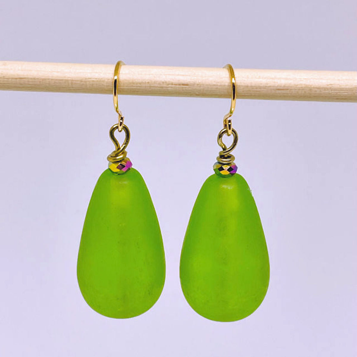 Teardrop Green Frosted Glass Earrings