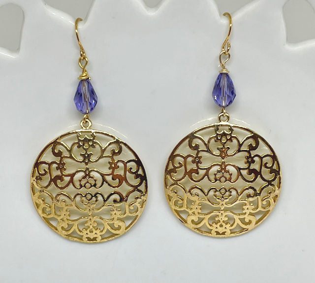 Gold Plated Filigree Earrings with Faceted Purple Crystal bead