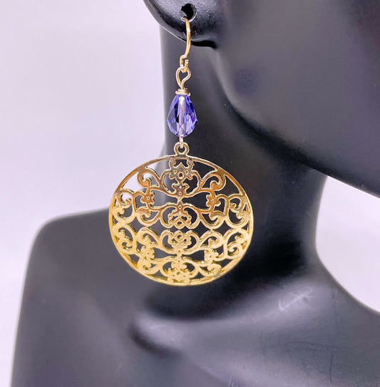 Gold Plated Filigree Earrings with Faceted Purple Crystal bead