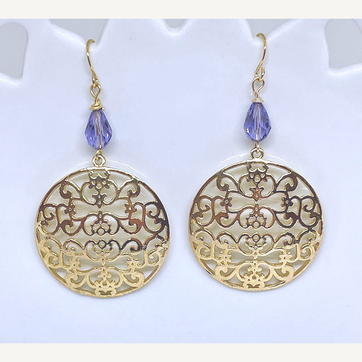 Gold Plated Filigree Earrings with Faceted Purple Crystal bead