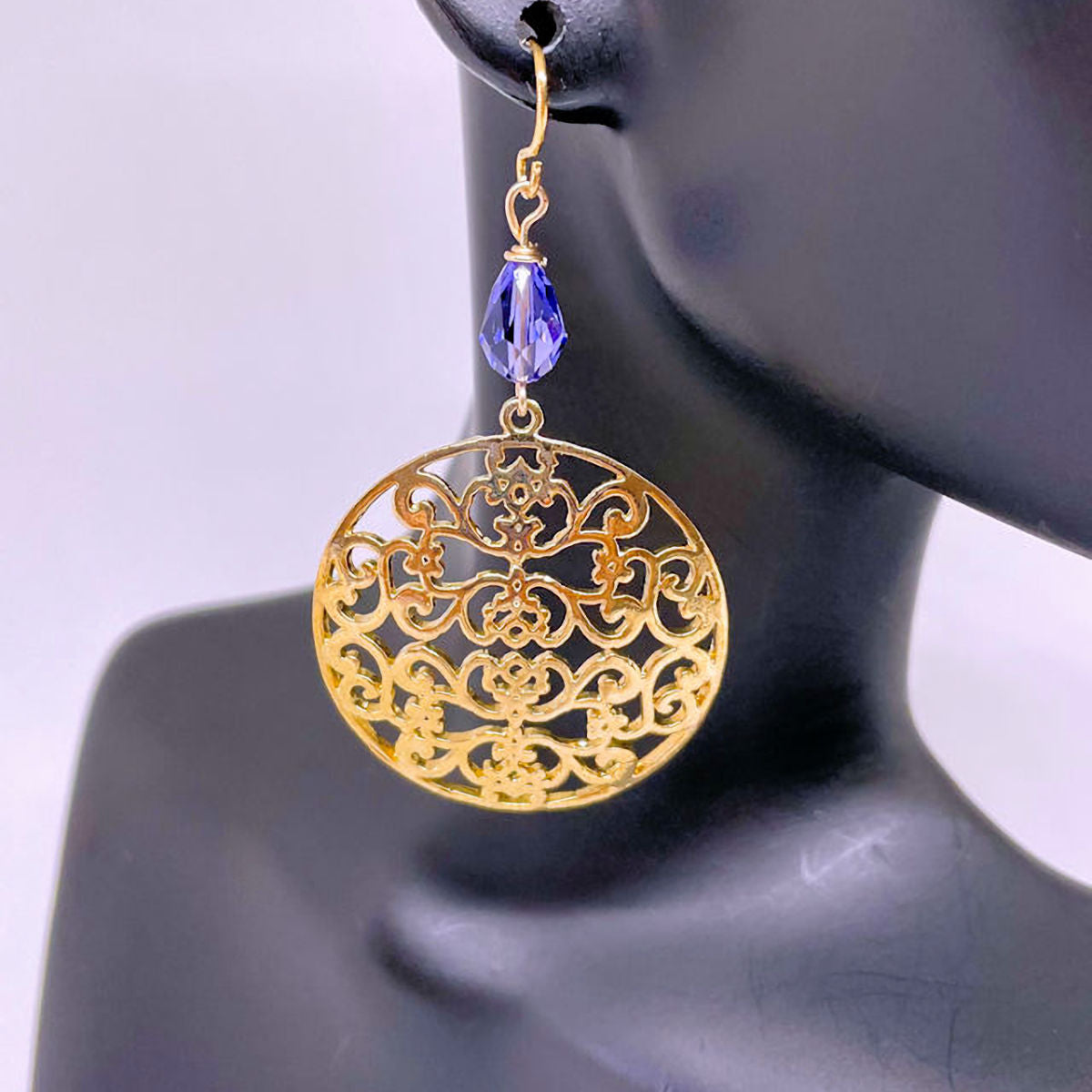 Gold Plated Filigree Earrings with Faceted Purple Crystal bead
