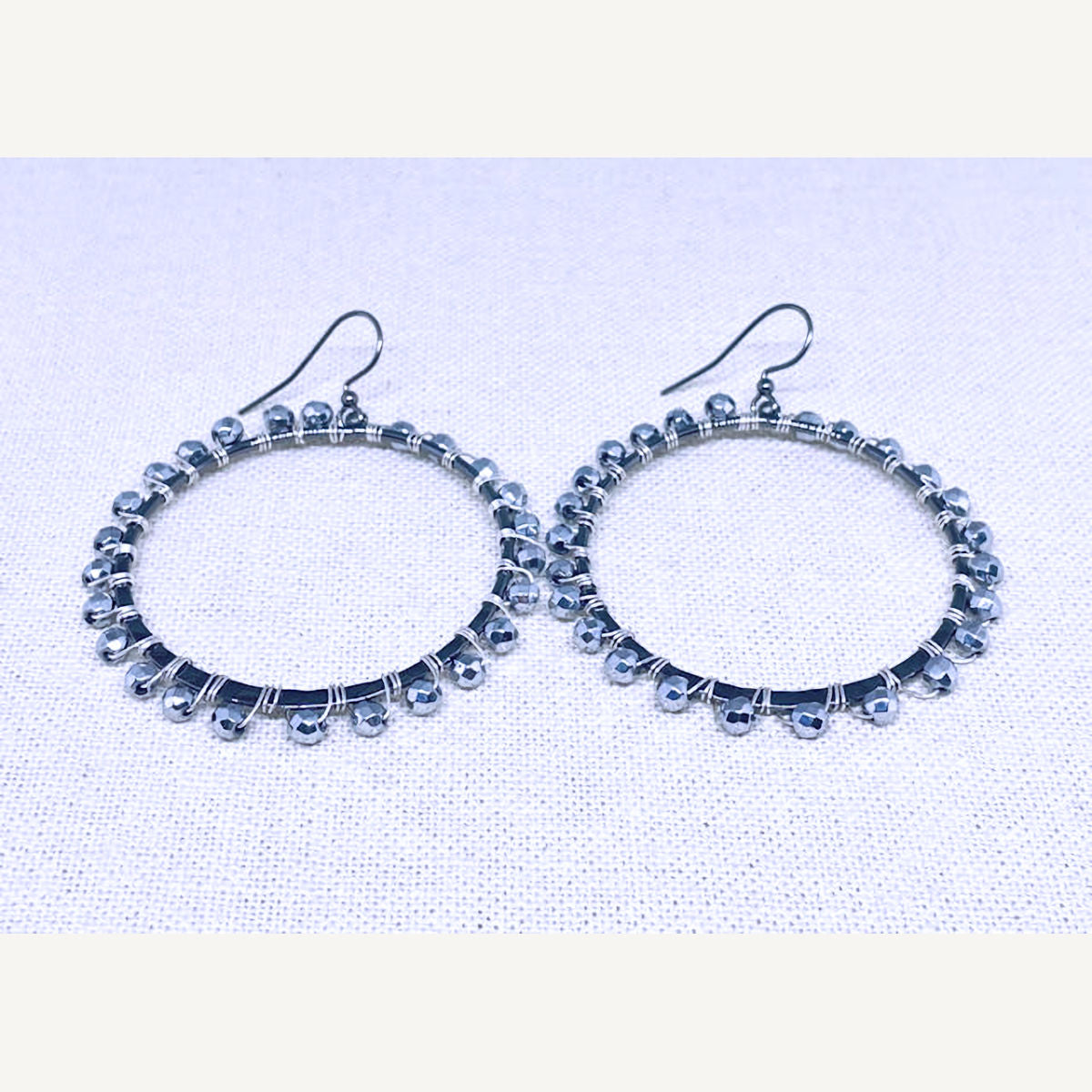 Gun Metal Hoop Earrings with Faceted Hematite Beads