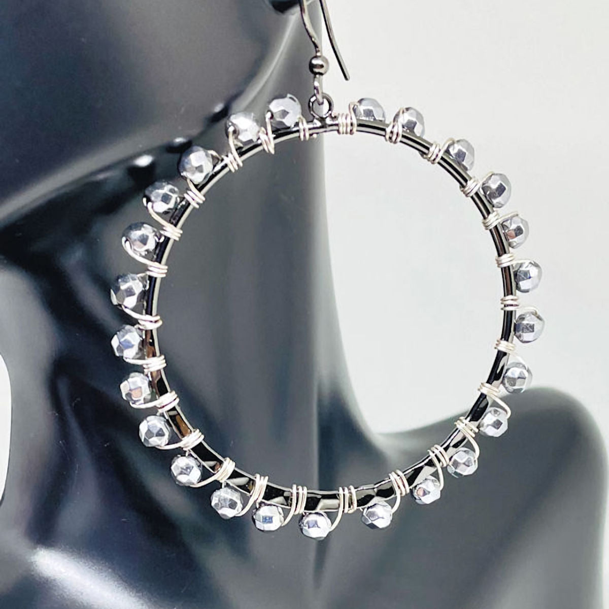 Gun Metal Hoop Earrings with Faceted Hematite Beads