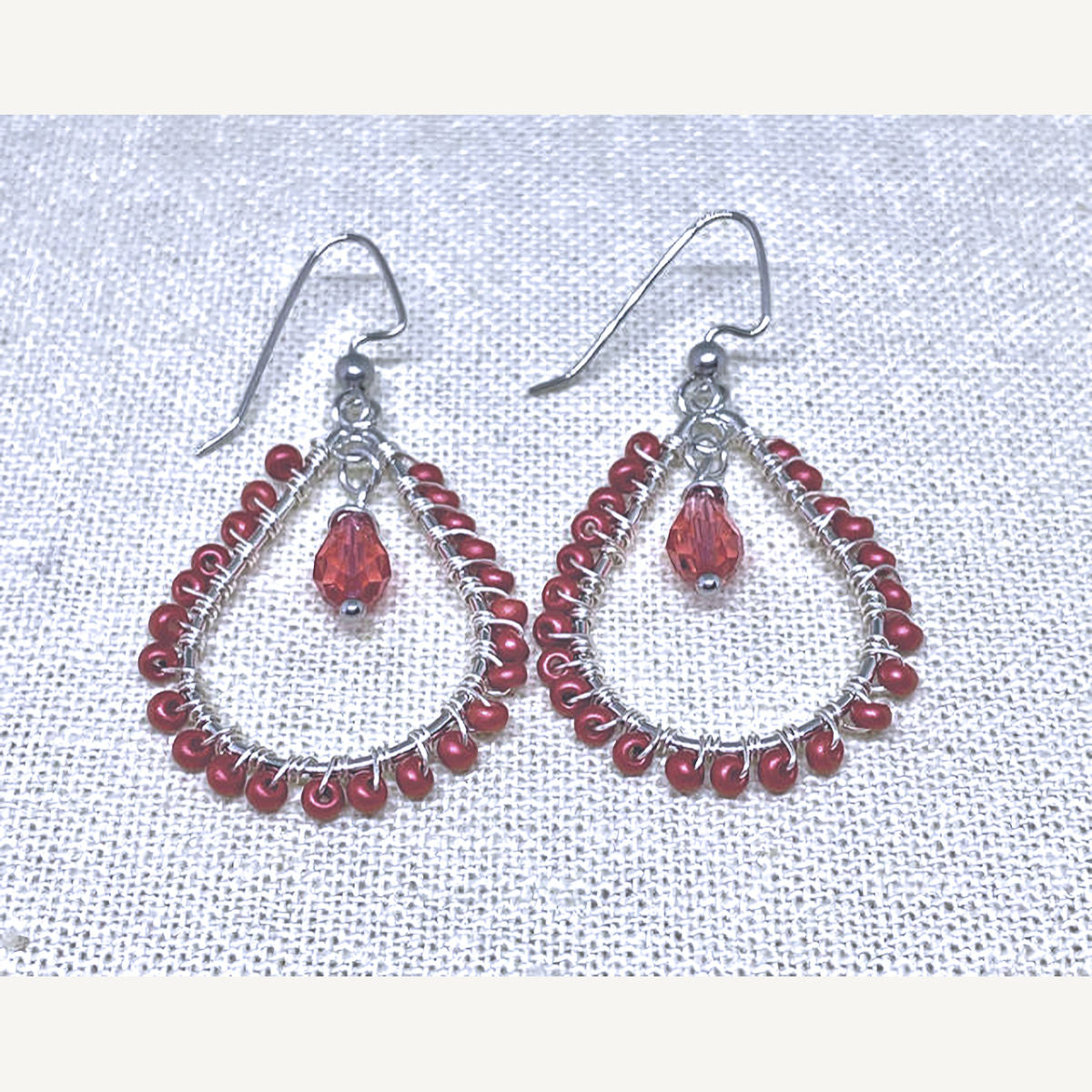 Tear Drop Earrings with hand-wrapped Matte Red Seed Beads