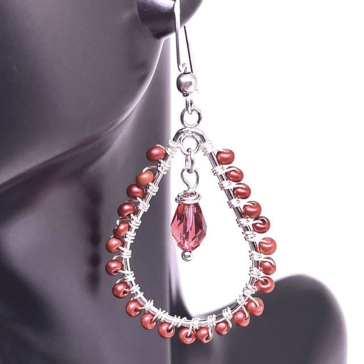 Tear Drop Earrings with hand-wrapped Matte Red Seed Beads