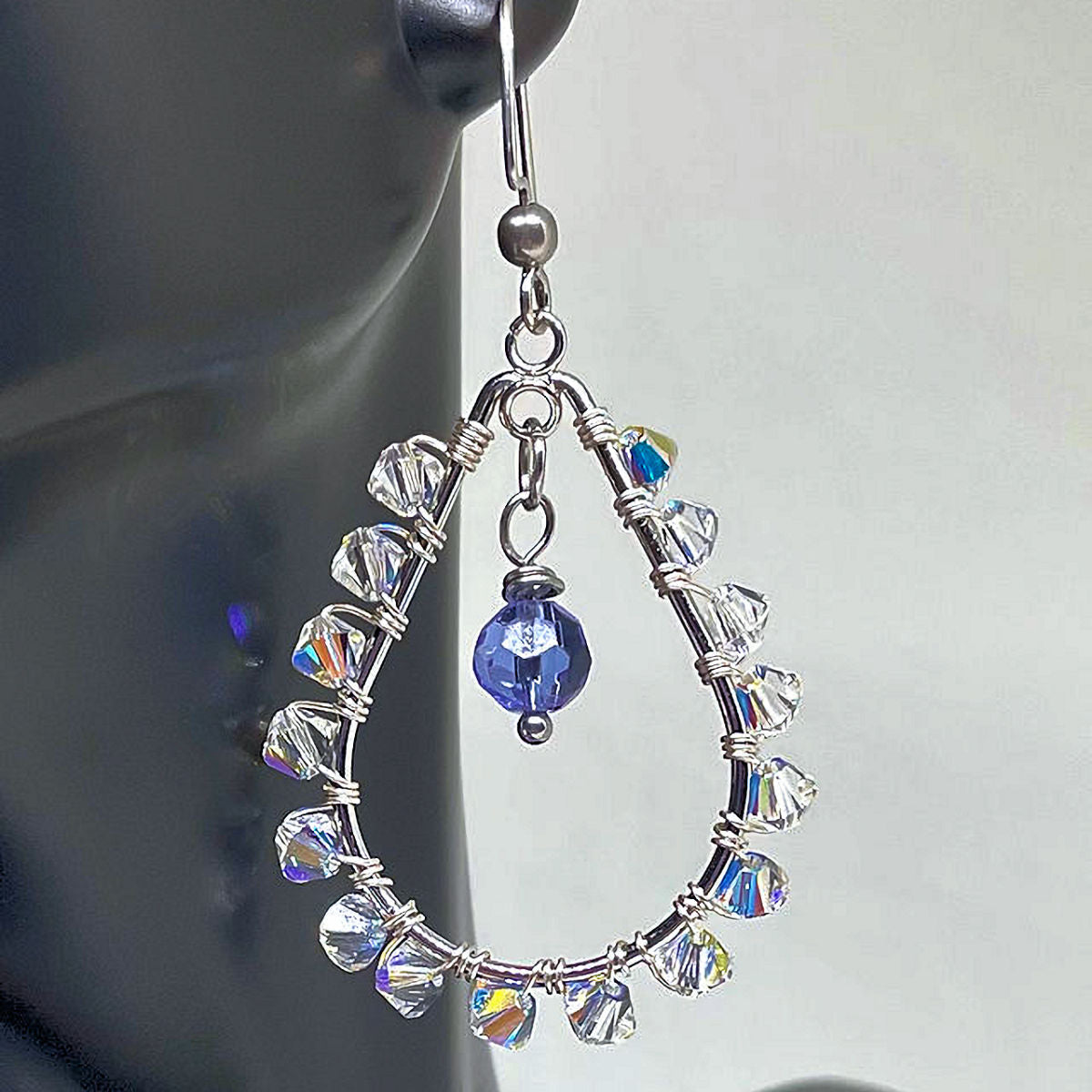 Unique Tear Drop Earrings with Faceted AB Crystal Beads