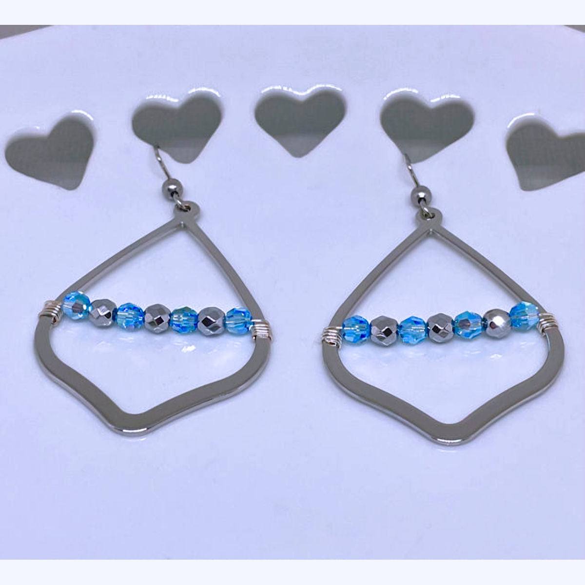 Silver Geometric Dangle Earrings accented with Wire Wrap Crystal Beads