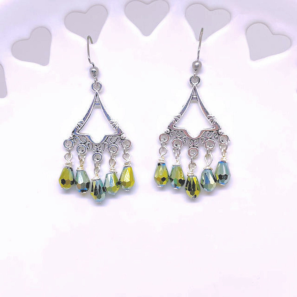 Filigree Earrings with Faceted Teardrop Electroplated Greenish Yellow Beads