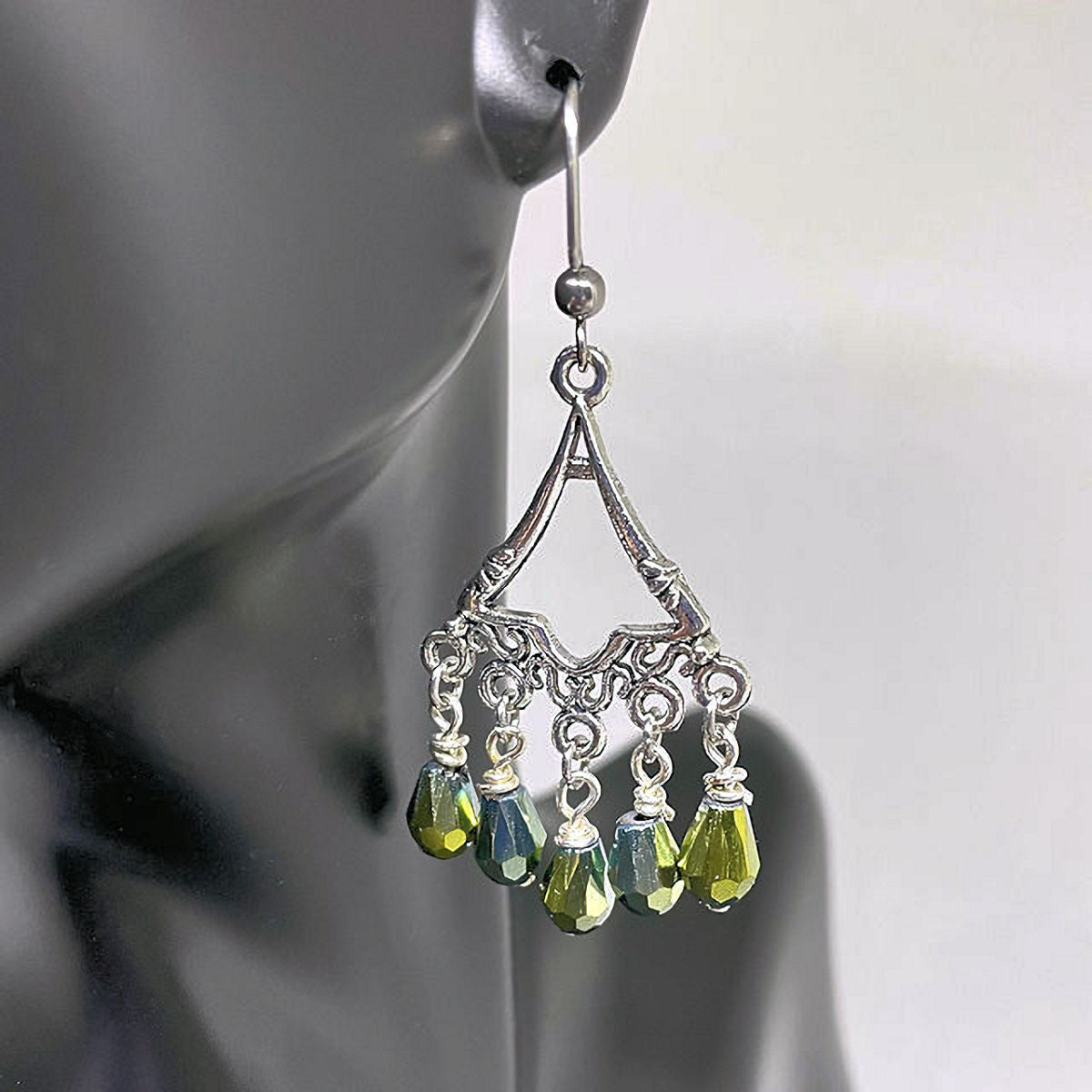 Filigree Earrings with Faceted Teardrop Electroplated Greenish Yellow Beads