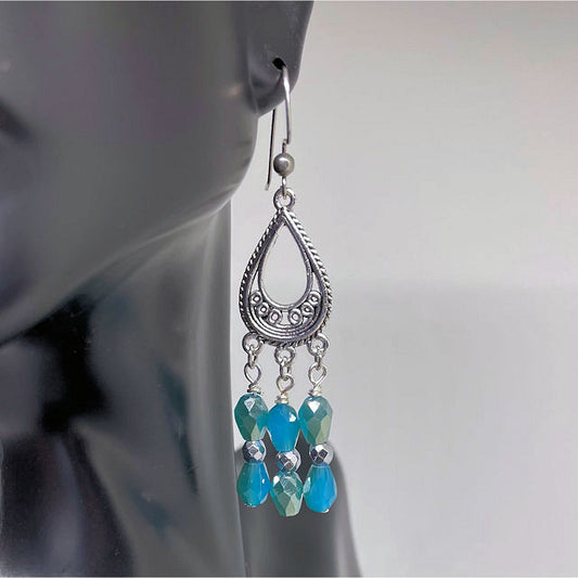 Tear Drop Filigree Earrings with Faceted Blue Beads
