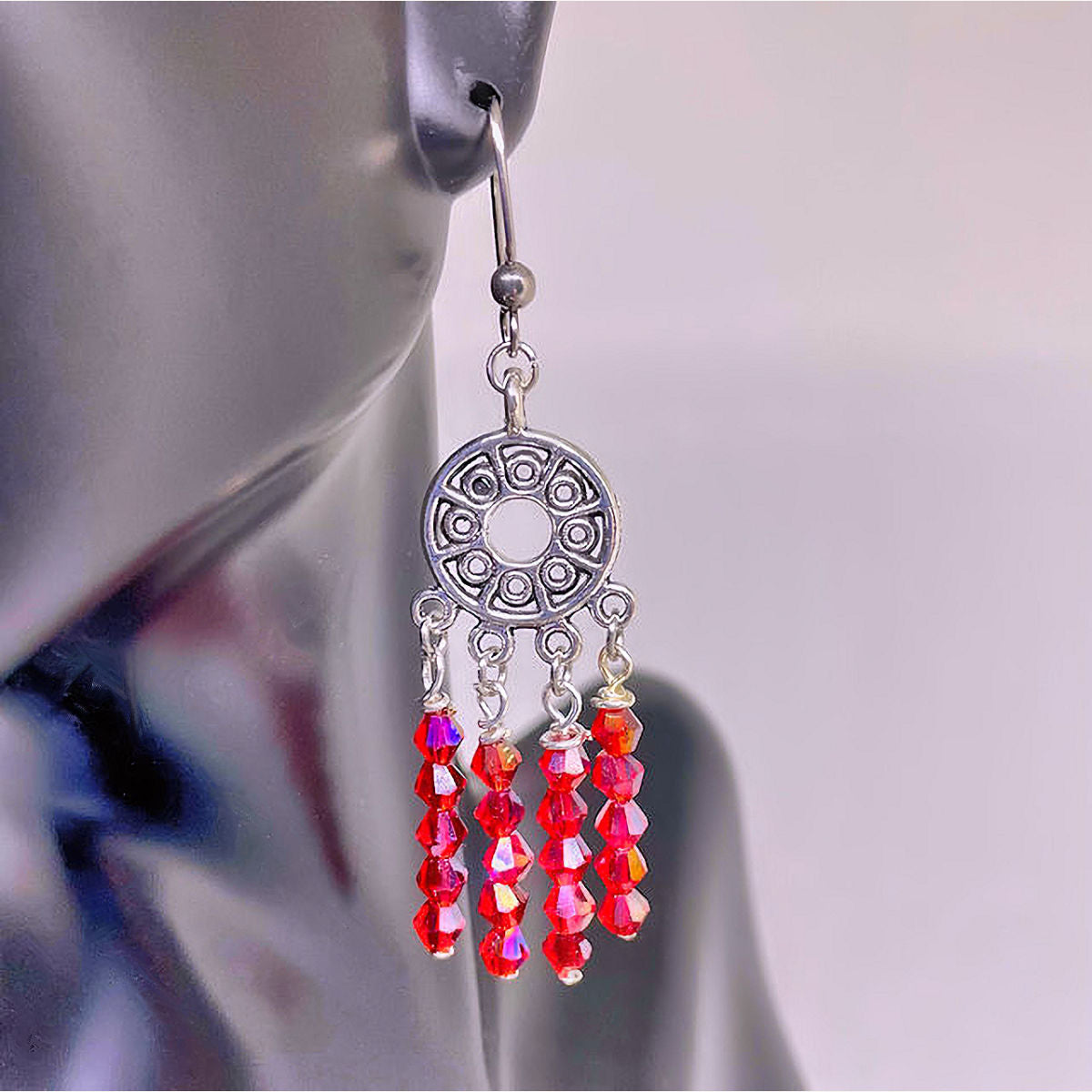 Dangling Earrings with Light Siam Crystal Beads