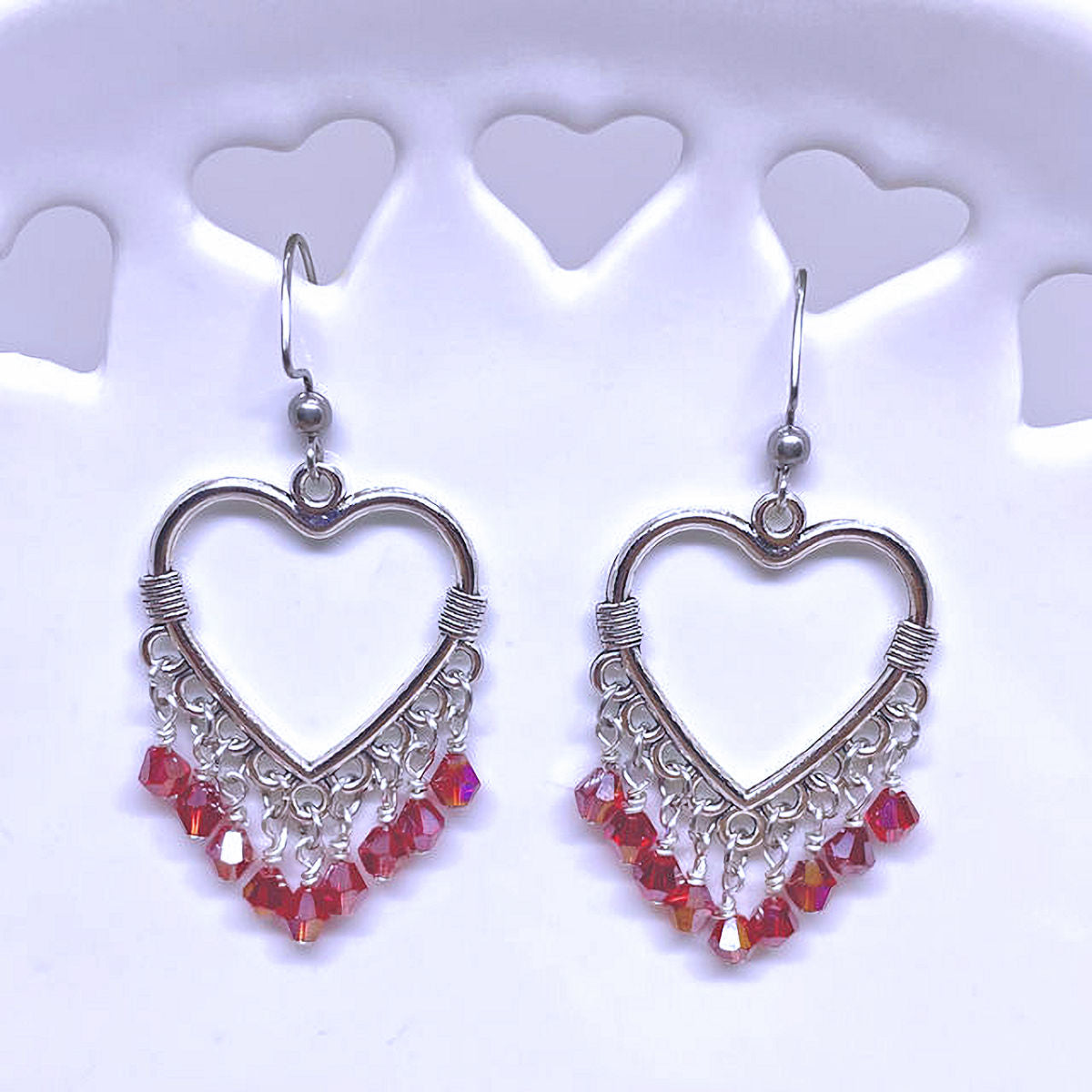 Heart Dangling Earrings with Faceted Siam Bicone Crystal Beads