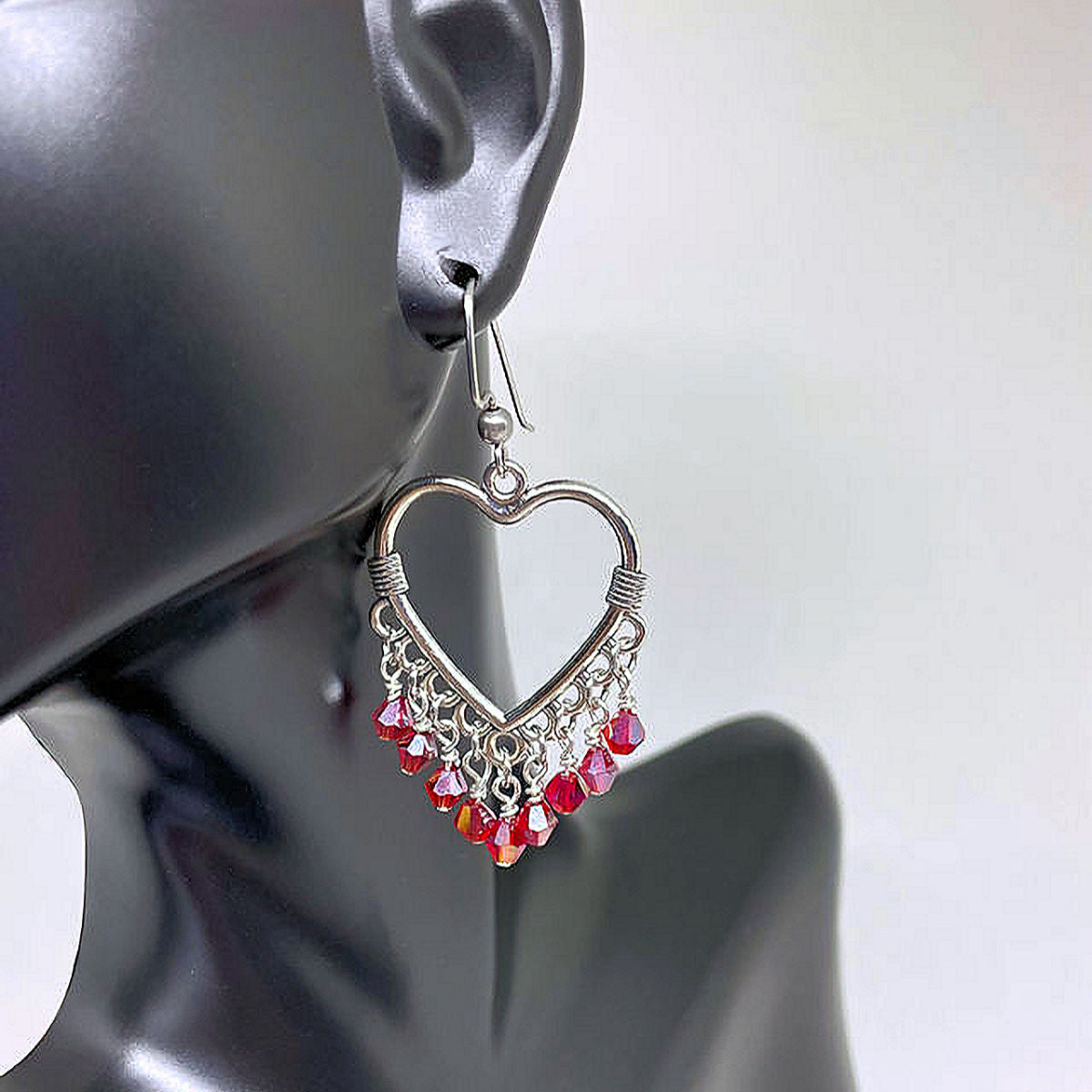 Heart Dangling Earrings with Faceted Siam Bicone Crystal Beads