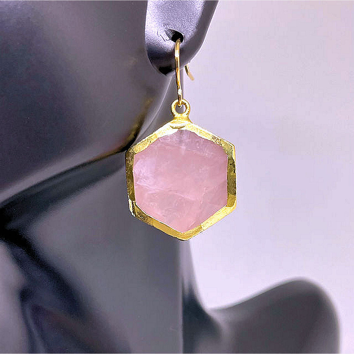 Faceted Geometric Shape Rose Quartz Earrings