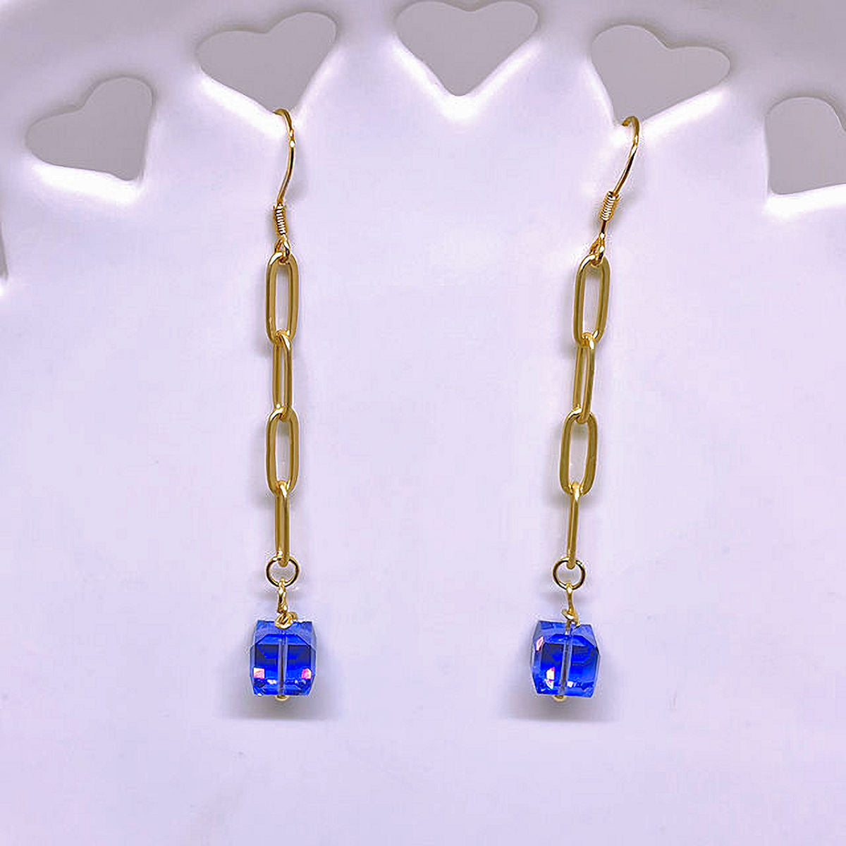 Dangling Gold Plated Matte Paper Clip Earrings with Cube Tanzanite Crystal