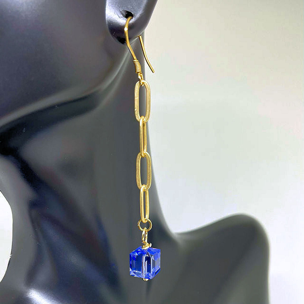 Dangling Gold Plated Matte Paper Clip Earrings with Cube Tanzanite Crystal