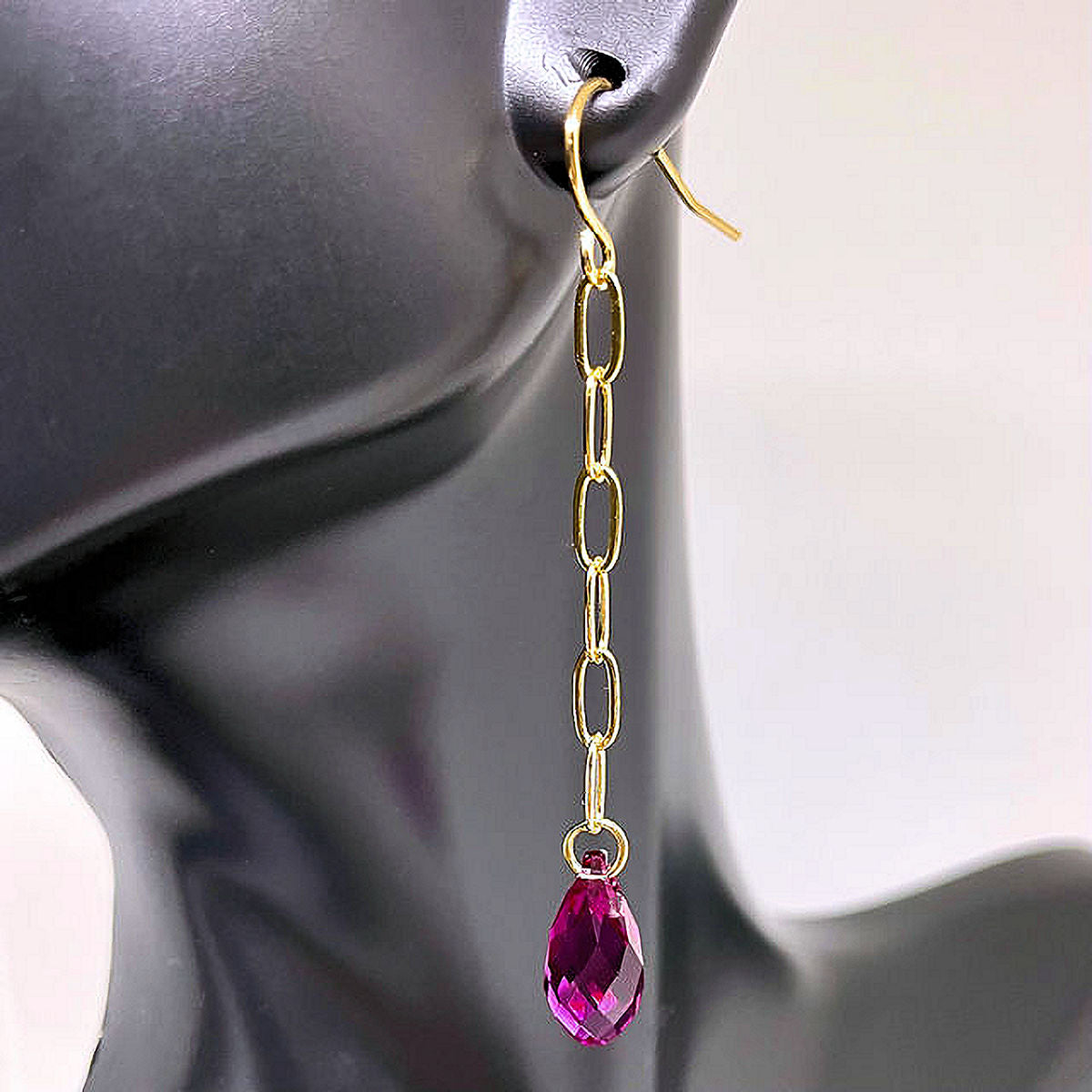 Gold Plated Paper Clip Earrings with Faceted Fuchsia Brio Crystal