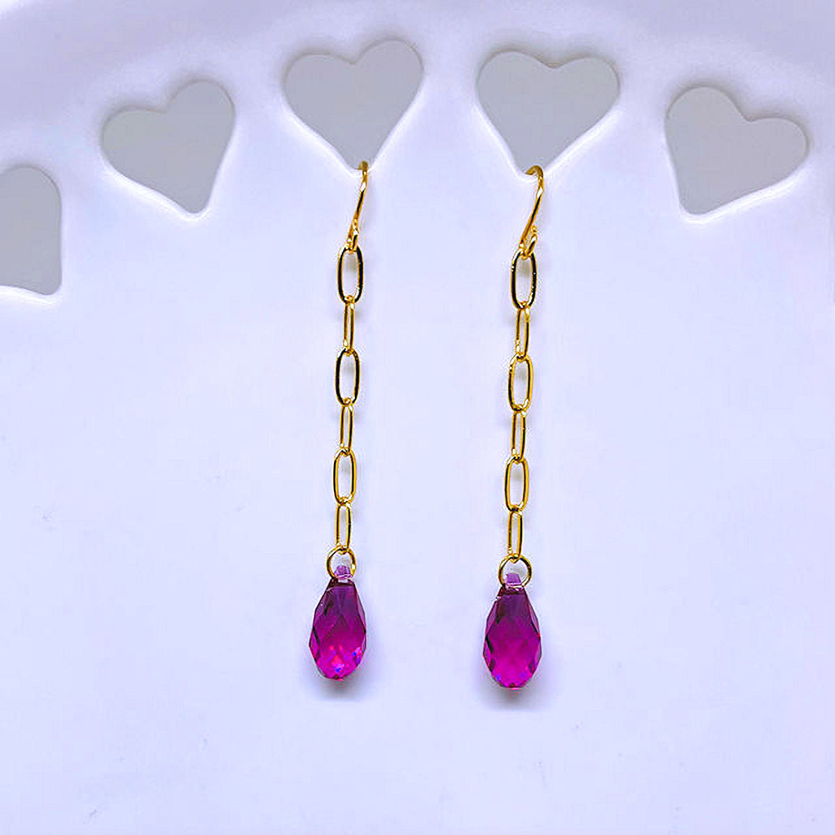 Gold Plated Paper Clip Earrings with Faceted Fuchsia Brio Crystal