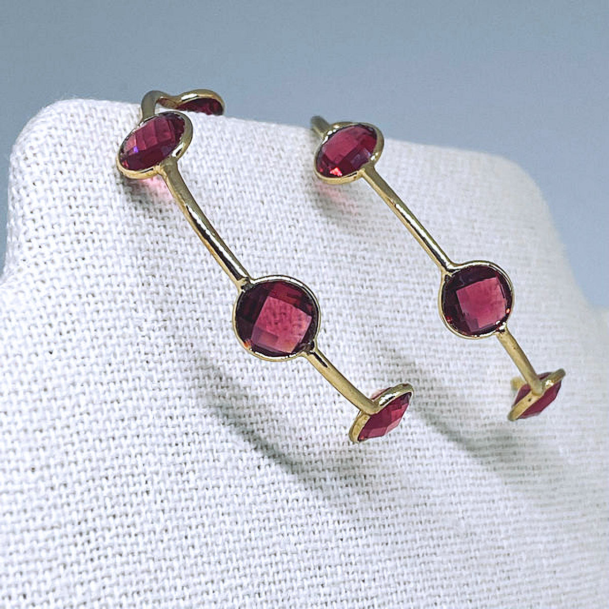 Ruby Quartz Half Hoop Earrings with 18 Gold Plated Metal