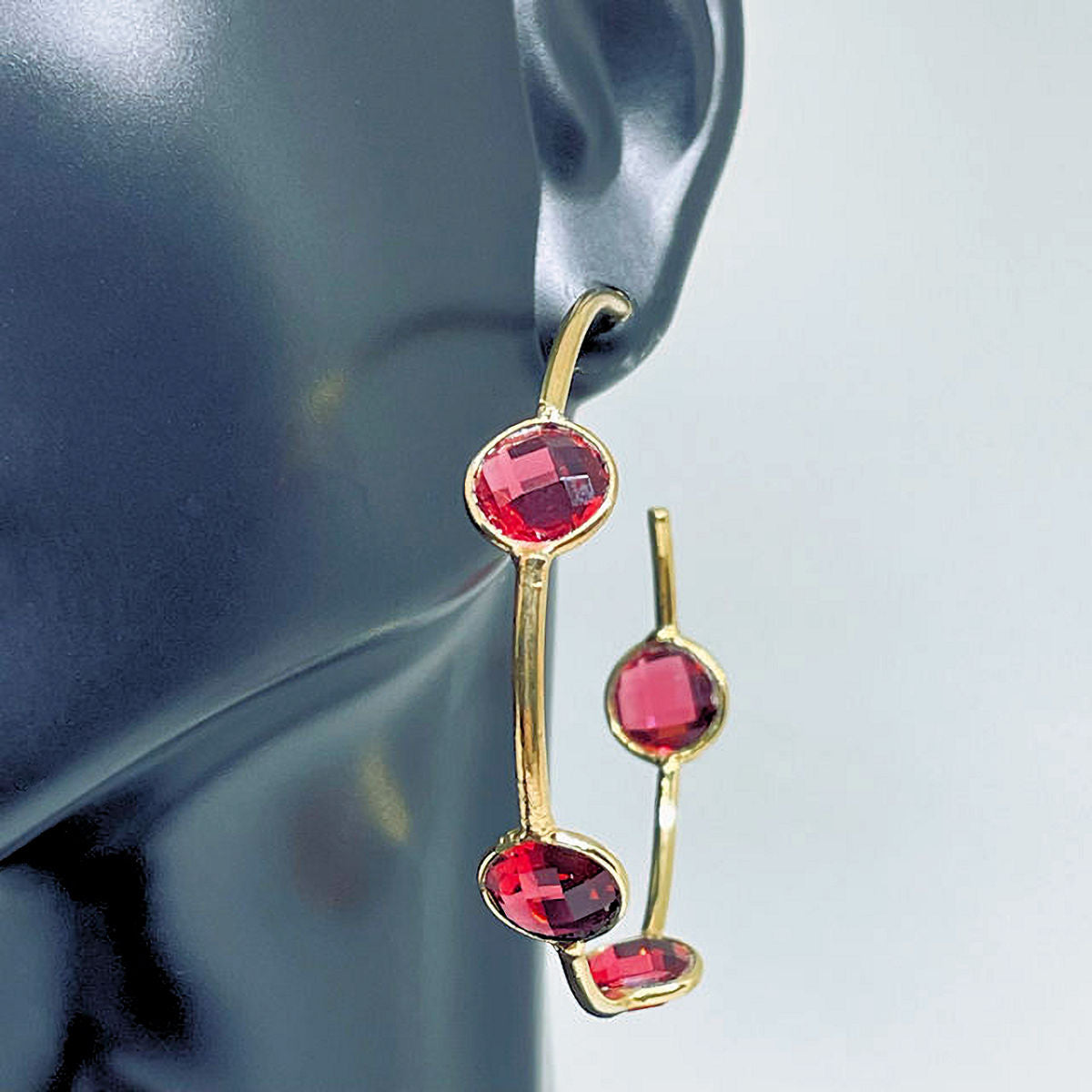 Ruby Quartz Half Hoop Earrings with 18 Gold Plated Metal