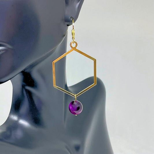 Geometric Shape dangling earrings accented with Purple Tiger Eye Bead