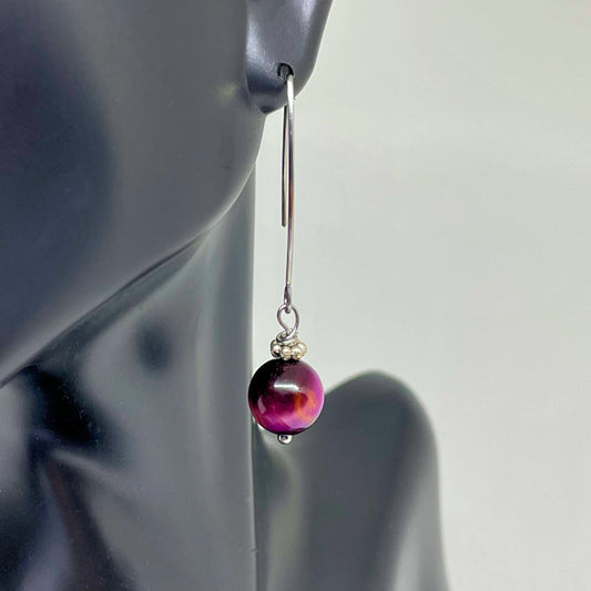 Stainless Steel V Shape Ear Wire accented with Purple Tiger Eye bead